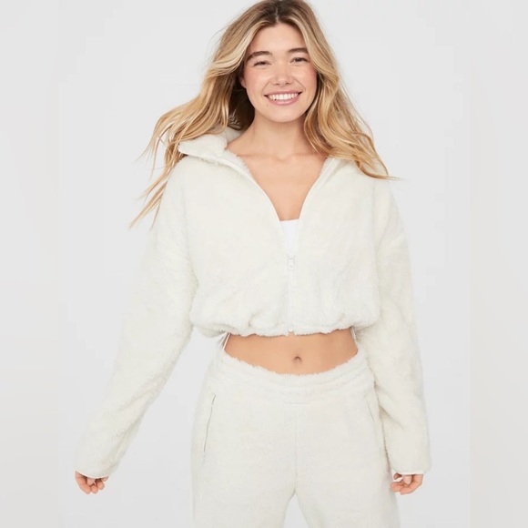 OFFLINE By Aerie Fluffy Sherpa Cropped Full Zip Sweatshirt Cool White Size XL - Picture 1 of 12